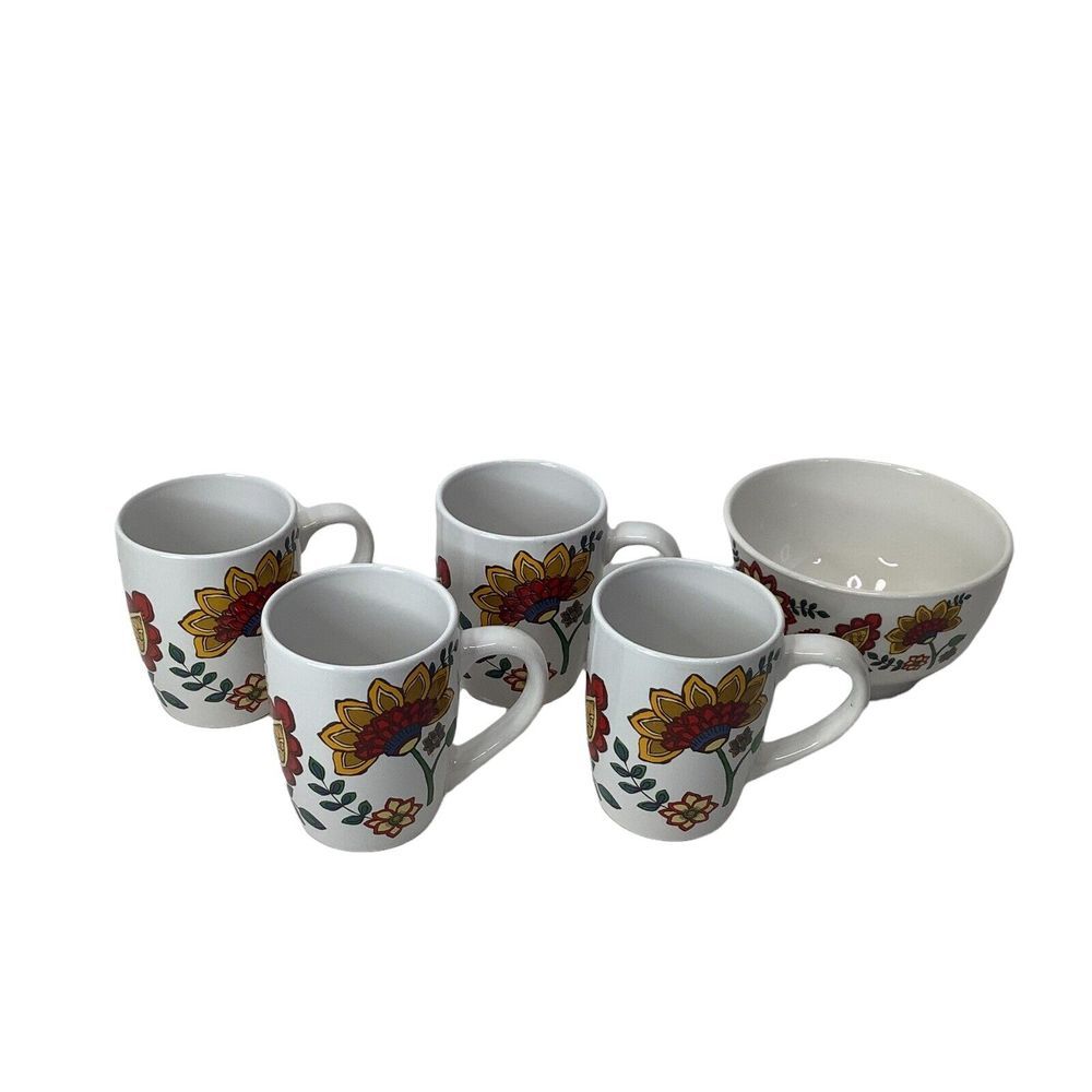 Set of 4 Royal Norfolk Red Yellow Flower Design Mugs‎ Porcelain with Bowl Aztec